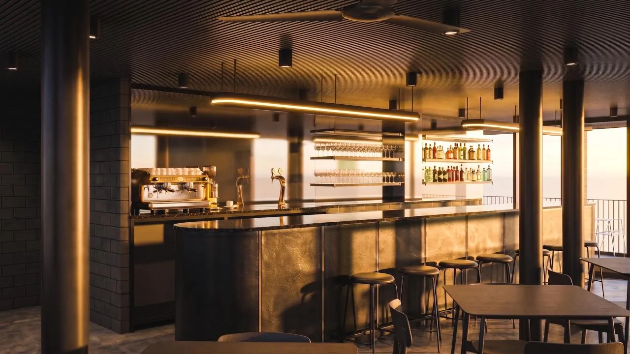 Render of the Level 10 Rooftop Bar: the bar and its seating in warm evening light