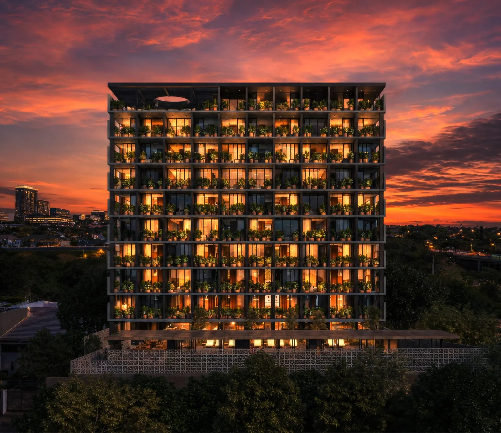 A render of BlackBrick Umhlanga Rocks lit up at dusk